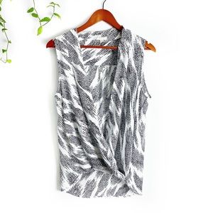 Pleione Black & White Sleeveless Faux Wrap Blouse